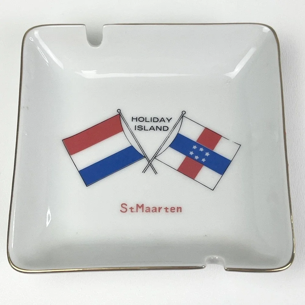 Vintage St Maarten Holiday Island porcelain Ashtray Netherlands Antilles Flags